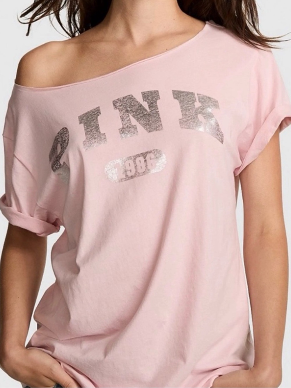NWOT PINK Victoria's Secret Off-Shoulder Blush logo tshirt sz Small